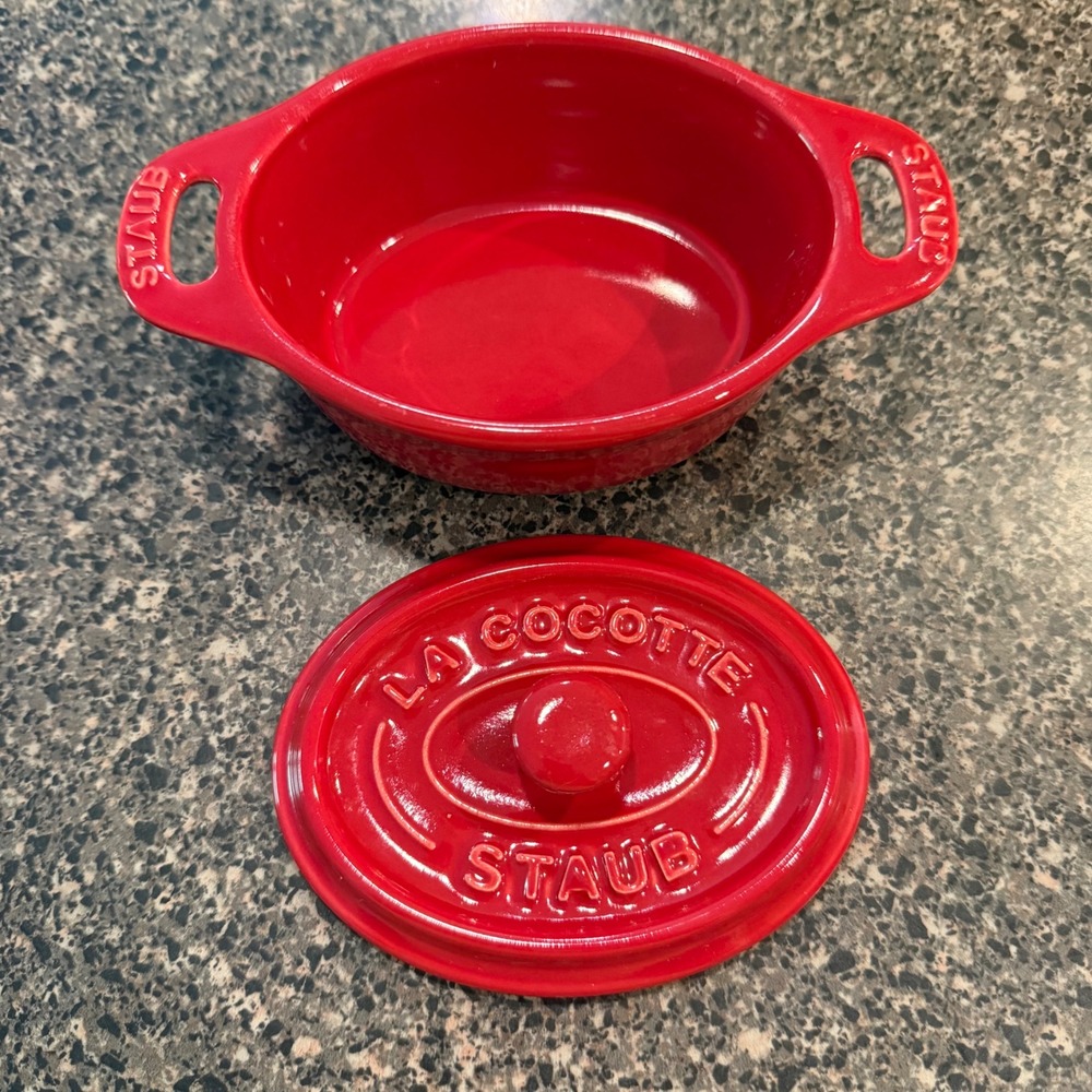 Staub Mini Cocotte Ceramic Oval Cherry Red Individual Casserole Dish Lid France